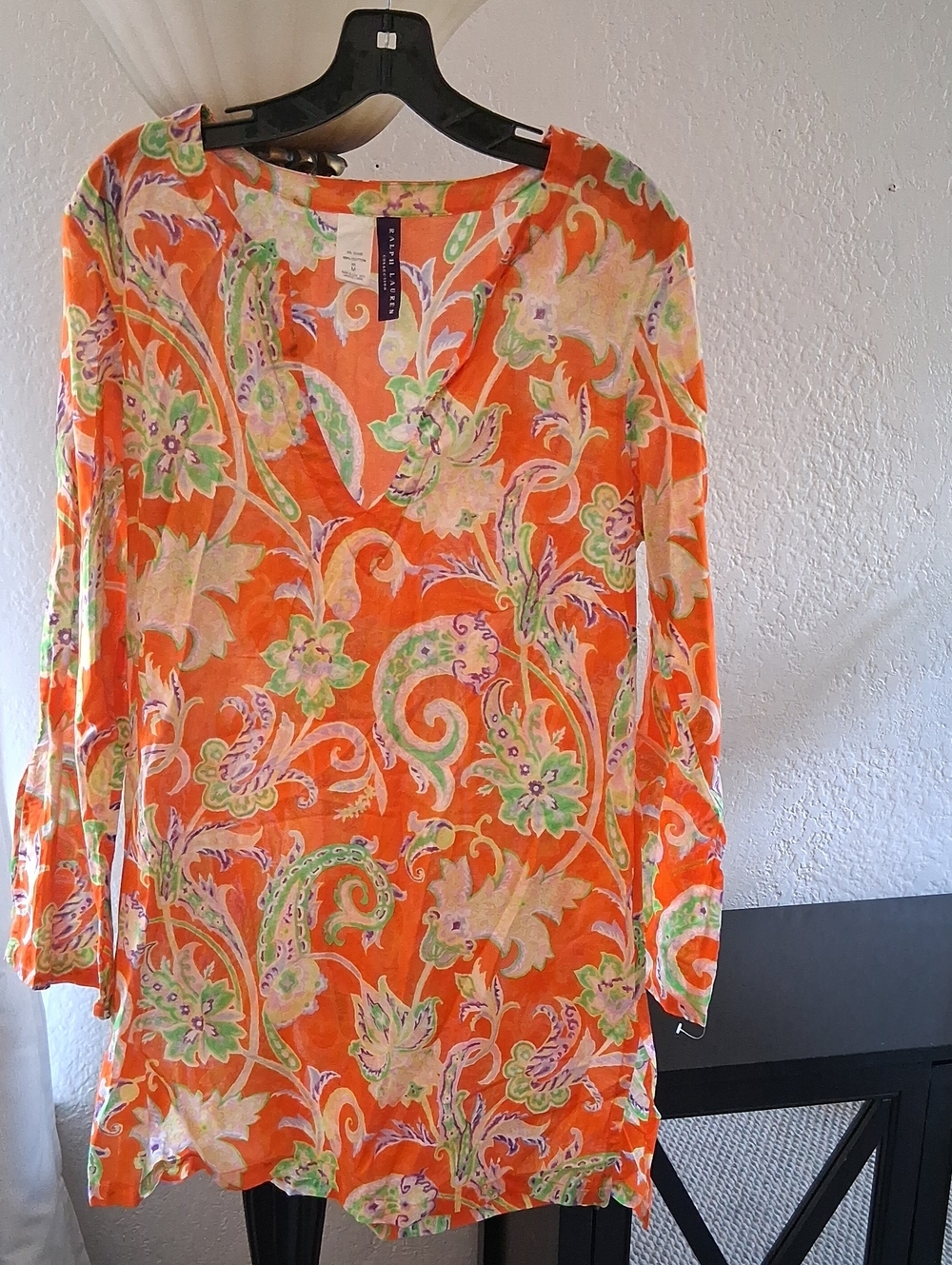 Ralph Lauren Orange Paisley Floral V-Neck Tunic Top